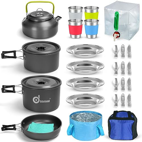 Odoland Multi-PCS Kit de Casseroles Camping, Cookware Kit Durable et Compact avec réservoir d'eau Pliable 12L et Seau, Bouilloire et Tasses en Acier Inoxydable pour Randonnée/Outdoor/Pique-Nique