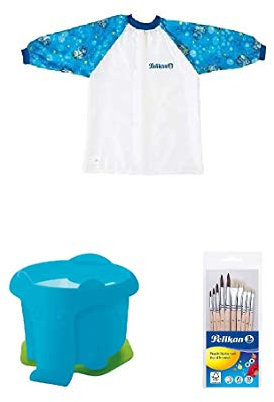 Pelikan 105346 - Blaue Malschürze mit Klettverschluss + Wasserbox Elefant blau, Wasserbecher + Pinsel Starter-Set mit 5 Haar- und 5 Borstenpinseln