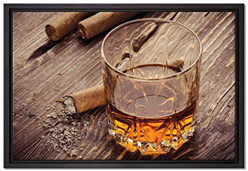 Pixxprint Whiskey und Zigarren Leinwandbild 60x40 cm im Bilderahmen, Wandbild, Schattenfugenrahmen, Kein Poster