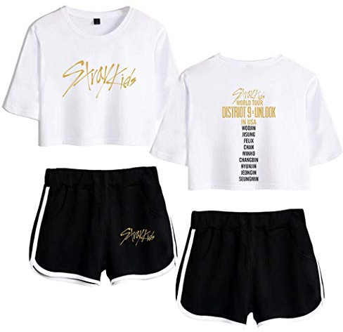 Flyself Damen Kpop Stray Kids T-Shirts & Kurze Hose Set Sport Sommer Crop Tops Anzug Frauen Bauchfrei Bang Chan Changbin Hyunjin Jisung Minho Woojin