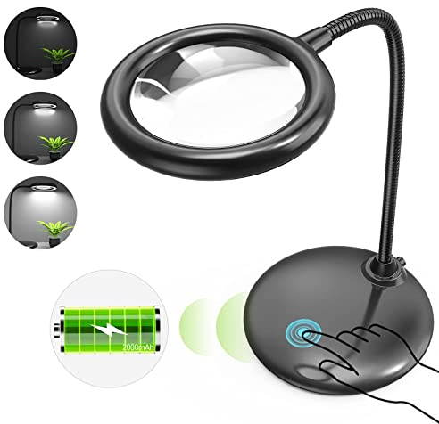 Raweao 5X Lupe mit Licht und Ständer Akku, Wiederaufladbare LED Lupenleuchte, LED Lupenlampe mit Standfuß, Schreibtischlampe mit Lupe für Lesen, Nähen, Juweliere, Modellbau(Schwarz)