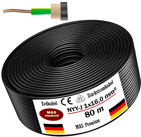 Câble d'alimentation souterrain NYY-J, 5, 10, 15, 20, 25, 30, 35, 40, 50, 60, 70, 75, 80, 90 ou 100 m, 1 x 16 mm², câble électrique avec anneau pour pose en extérieur, en sous-sol (80 m)