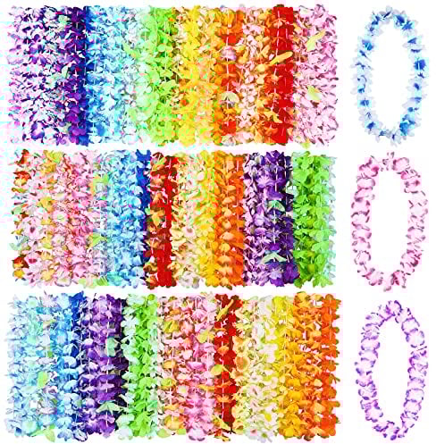 Stück hawaiianische Blumenkränze, Partydekorationen,hawaiianische Blumenketten (Leis), Mehrfarbig, Tropische Blumenketten für Luau-Themenparty, Dekorationen (144)