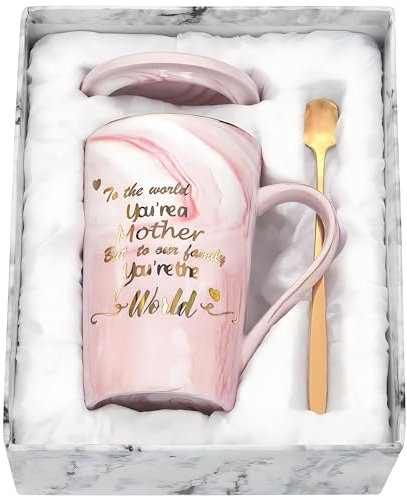 Gifts for Mum, Funny Mugs for Birthday Gifts for Mum, Coffee Mugs for Mother, Mother’s Day Gifts, 14oz Ceramic Marble Coffee Mug Tea Cup with Lid, Gold Spoon and Gift Box, Pink
