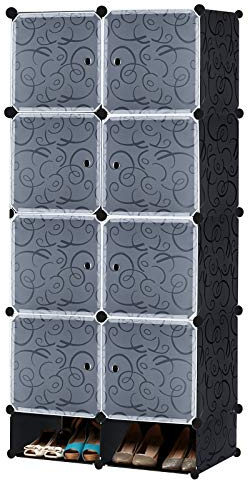 UISEBRT DIY Regalsystem Kleiderschrank aus Kunststoff Steckregal Kleiderschrank Garderobenschrank Schuhregal Kunststoffboxen, 8 Boxen mit Tür und Schuhschrank, Schwarz mit Muster