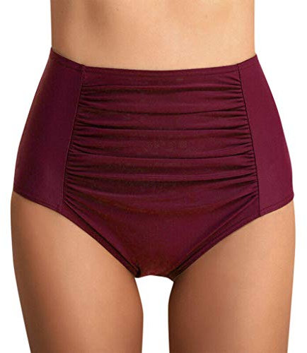 JJPAR Damen-Badeanzug, niedrig, Menstruations-Bikini, hohe Taille, Plissee, Tankini, Shorty, Slim, Vintage, Bauch, flach, Sport, Shorts, Hose, Party, Strand, Weinrot, S