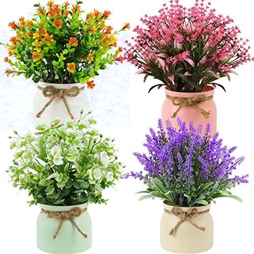 RIDDSEE Artificial Flowers 4Pcs Potted Plants Decorative Faux Lavender With Plastic Pot for Home Window Sill Kitchen Office Desk Table Decor -(Medium,25cm)