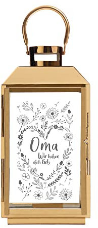 Laterne mit Gravur für Oma, Deko Kerzen Windlicht, Geschenk für Oma, Outdoor Garten Dekoration, Gravierte Edelstahl Laterne, Vintage Terrassen Beleuchtung, Wetterfeste Gold Gartenlaterne