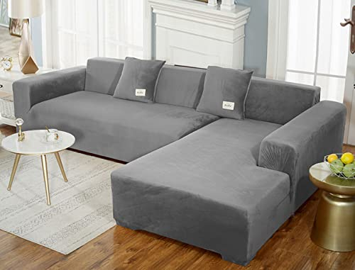 GUYIRT Superstretch Sofabezug L Form Samtplüsch Couchbezug Modulare Sofabezug Sofa Überwürfe Mit Elastischem Boden Möbel Protector Für Wohnzimmer -dunkelgrau-2-Sitzer + 3-Sitzer