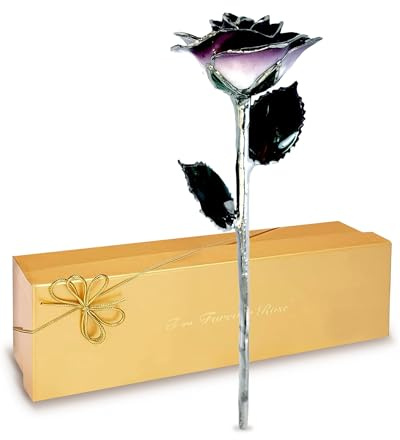 Forever Rose Platinfarbene Rose mit Platin-Rose, mit schöner zweifarbiger lila Farbe, EIN ewiges Geschenk; handgetaucht und gesäumt in Platin mit Echtheitszertifikat