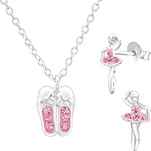 JAYARE Kinder Schmuckset Mädchen - Ballerina Tänzerin - Halskette und Ohrringe - Kette Silber 925 mit Anhänger und Ohrstecker