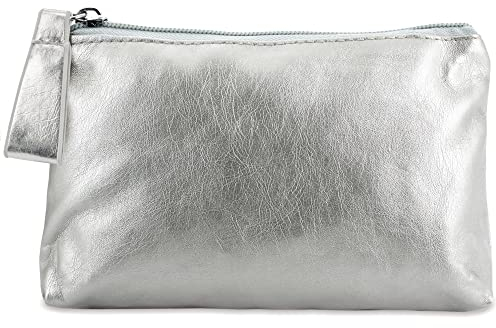 Kulturbeutel aus Kunstleder für Damen, Metallic-Finish, mit Reißverschluss und Griff, Kosmetiktasche für Reisen, silber