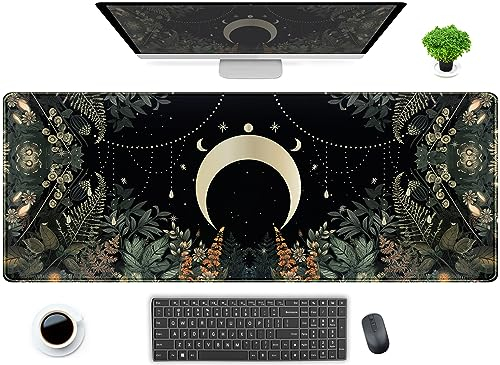 Cute Green Forest Leaves and Whimsical Moon Desk Mat, XL Stitched Edges Desk Mat for Laptop, Keyboard and Mouse, 80 x 30 cm, Non-Slip Rubber Base