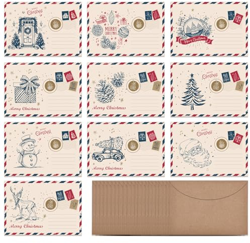 KOHMUI Weihnachtskarten mit Umschlag (20 Stück), Klappkarten & Umschlägen Set, 16.5 x 11.5 cm Kraftpapier Weihnachten karten, Grußkarte Postkarten und Briefumschlag