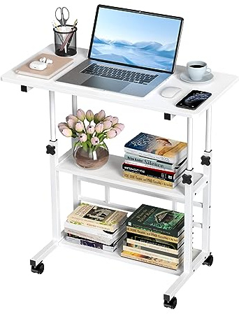 PIPIPOXER Mesa Escritorio Con Ruedas 80x40cm, Ordenador Con Cajón y Estantes, Móvil Regulable en Altura 74.5-95.5cm, Auxiliar 4 Ruedas Con Cerradura Para Hogar, Blanco