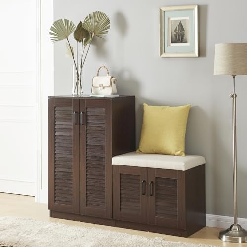 [en.casa] Mueble Zapatero Løten Armario con 9 Compartimentos para 18 Pares de Calzados + Banco Zapatero Puertas de Rejilla Buena Ventilación 97 x 120 x 36 cm - Efecto Wengué