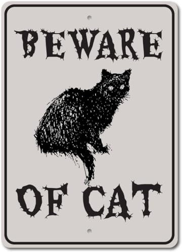 Letrero de cuidado con el gato, letrero de gato de Halloween, decoración de gato, letrero de metal de 8 x 12 pulgadas