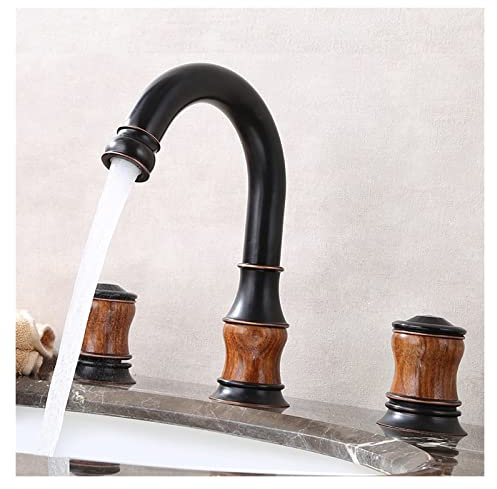 Luxuriöser antiker Wasserhahn, Waschtisch-Wasserhahn aus schwarzem Messing und Holz, 2 Griffe, 3 Löcher, Waschbecken-Wasserhahn, Deckmontage, Kalt-/Warmwasser-Waschtischarmatur (Color : B)