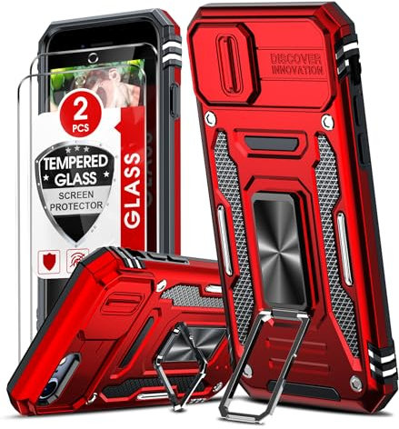 LeYi for iPhone SE 2022 / SE 2020 / iPhone 8 / iPhone 7 Case, with Camera Lens Cover Slider, 2 Screen Protectors, Ring Stand Military Shockproof Armour Phone Cover for iPhone 7/8/SE 2020/2022, Red
