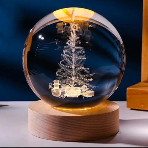 Sfera di cristallo 3D notturna,base in legno sfera di vetro notturna,spazio di visualizzazione fantasia a LED,camera da letto e decorazione dell'ufficio. (Albero di Natale)