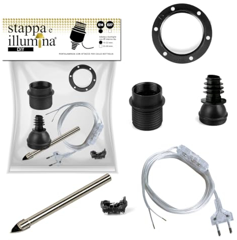 Stappa e illumina DIY + Glasbohrer | Lampenfassung E14 zur Montage für Flaschen mit Loch von 15 bis 22 mm Flaschenhalterung mit Loch (E14, Standard)