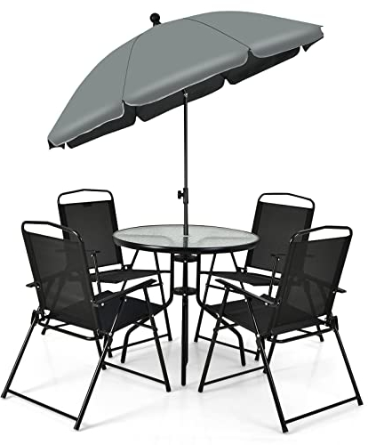 COSTWAY Conjunto Mesa y Sillas Jardin, 1 Mesa on Tapa de Cristal Templado, 4 Sillas Plegables y 1 Sombrilla, Juego de Comedor 6 Piezas Jardin Patio Terraza Piscina