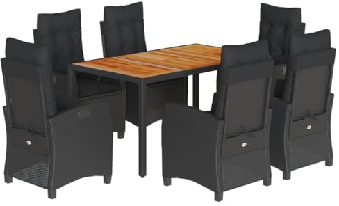 vidaXL Garten Essgruppe 7-TLG., Gartenmöbel Set Tisch mit 6 Stühle, Gartengarnitur mit Kissen, Sitzgruppe Essgarnitur Terrasse, Schwarz Poly Rattan