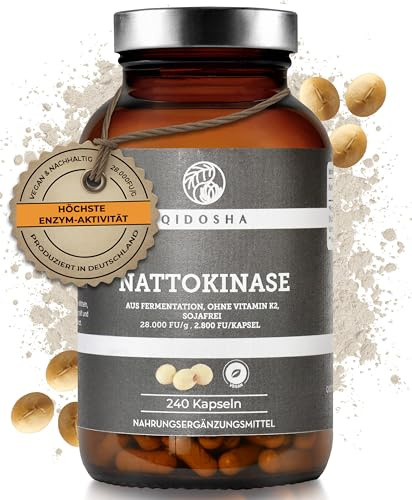 QIDOSHA® Nattokinase Kapseln hochdosiert, höchste Enzymaktivität mit 28000 FU/g, 240 Kapseln im Glas, vegan, ohne Vitamin K2, Endprodukt sojafrei