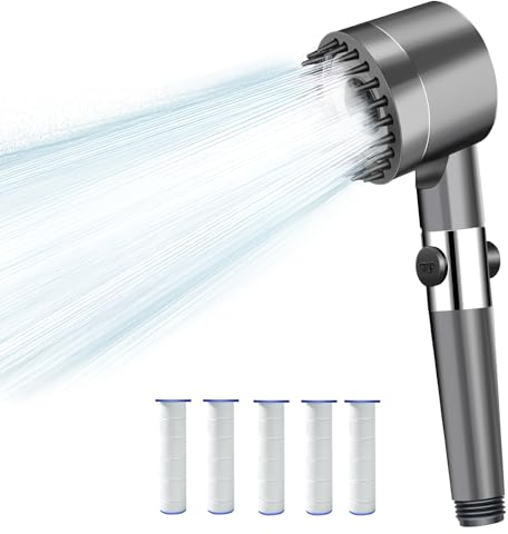 Hochdruck Duschkopf mit Filter, Wassersparender Duschbrause mit 3+1 Strahlarten, Handbrause Brausekopf Dusche Shower Head mit EIN/AUS-Schalter für Badezimmer Haustierbad Reinigung, 5 PP Fliters