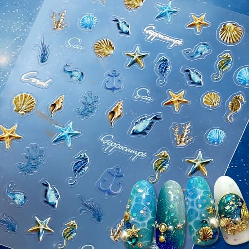 5D Blue Ocean Nagelsticker - Sommer Meerestiere Selbstklebend Seestern Muscheln Aufkleber - Beach Sticker Für Nageldesign Zubehör
