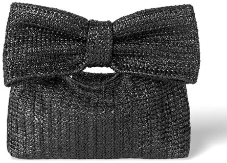 TOFBS Damen Clutch Schleife Stroh Handtasche Frauen Sommer Kupplung Strand Tasche mit Reißverschluss Gewebt Puese Tragetasche für Party Urlaub(Schwarz)