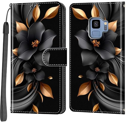 Handyhülle für Samsung Galaxy S9 Hülle, Blätter und Blüten | Magnetische, Stoßfeste Faltbar Klapphülle, Standfunktion, Kartenfächern, Geldbeutel, PU Lederhülle, Handytasche