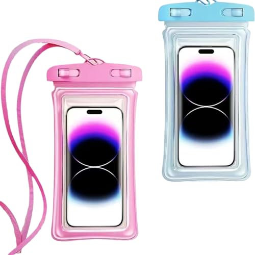 2 Stück Universelle wasserdichte Handytasche mit Umhängeband, IP8X, Tauchen, Outdoor, Strand, schwimmend, Unterwasser, bis zu 17.8 cm, Kühltasche, Trockentasche, Touch für iPhone, Rosa und Blau