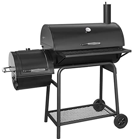 Offset Smoker griglia a carbone con ruote, barbecue a barile per campeggio all'aperto, nero – include copertura e camino starter