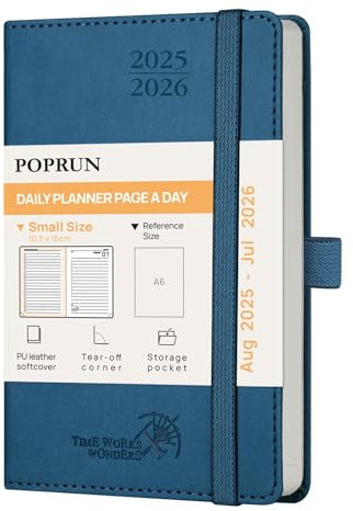 POPRUN Tagesplaner 2025 2026 16 x 10,5 cm, Tageskalender A6 1 Tag 1 Seite (Montag - Sonntag), Terminplaner (Aug.2025-Jul.2026) Softcover mit PU-Leder - Marineblau