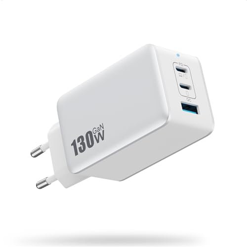 130W Cargador USB C, 3 Puertos PD QC PPS Carga Rápido Enchufe USBC con GaN IV Tech, 65W Portátil Adaptador Cargador Compacto para MacBook Pro Air/iPad/iPhone 16 15 14 13 12 Pro Max/Samsung etc.-Blanco