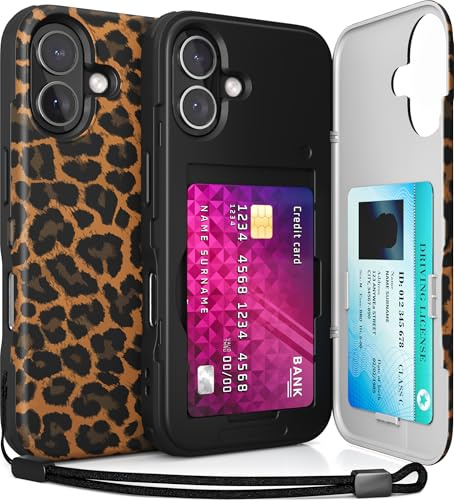 TORU for iPhone 16 Wallet Case with Card Holder, Hidden ID Credit Card Slot Flip Kickstand, Slim Fit Shockproof Heavy Duty Phone Cover with Strap - Leopard Pattern