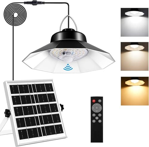 Kihhvlo Solar Hängeleuchte mit Fernbedienung & Bewegungsmelder, 3 Farbtemperatur, IP65 wasserdicht, Innen/Außen, 98 LED, energieeffizienter, langlebig, smartes Outdoor-Licht