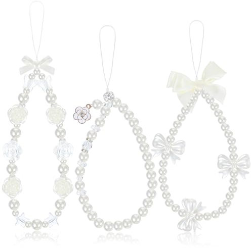 Ouligay 3pcs Beaded Phone Charm Wrist Strap Butterfly Bow Cell Phone Charm Strap Cute Flower Y2k Pearl Lanyard Jewelry for Camera Keychain Wallet Pendant Decor Kawaii Bracelet Chain Women