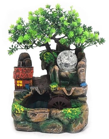 Zen Tischbrunnen mit LED Licht, Wasserfall-Effekt, Nebel und drehender Glaskugel, Harz Zimmerbrunnen mit Baum und Steinlandschaft, Feng Shui Dekoration für Entspannung und Geschenkidee, H 20 cm