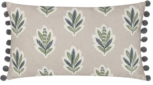 Sanderson Sessile Leaf Feather Filled Cushion – Botanical British Woodland Textured Decorative Accent Pillow with Pom Pom Trim (Flax - 30x50cm)
