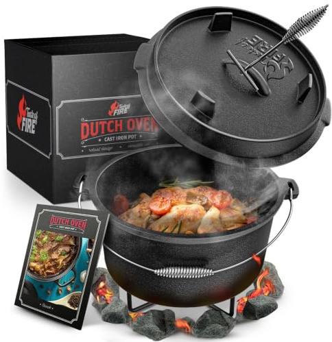 BBQ Dutch Oven [Das Original] - 10,8 Liter Dutch Oven Set mit Topfständer & 2,2 Liter Deckel mit Doppelfunktion zusätzlich als Grillpfanne nutzbar – inkl. Deckelheber und E-Book