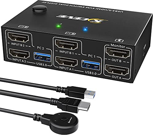 YOUTINGHDAV KVM Switch 2 PC 2 Monitore HDMI EDID | 4K@60Hz, KVM Switch Dual Monitor HDMI 2.0 für 2 PC Teilen 4 USB 3.0 Geräte Maus Tastatur, Wired Remote(4K HD 2 in 2 out KVM)