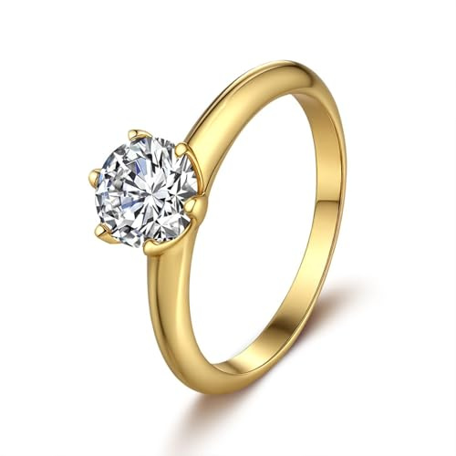 Skcess 18K Gelbgold Ringe Damen, Engagement Ring 6.5mm Moissanit Weiß 1ct Größe 47 (15.0)
