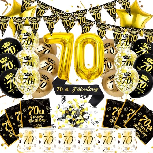 70 Geburtstag Deko Männer Frauen, 70th Happy Birthday Decoration Luftballon Schwarz Gold Banner Konfetti Schärpe Laternen Servietten Windlicht Tischdeko, Set Cadeau 70 Frau Mann (70. Geburtstag Deko)
