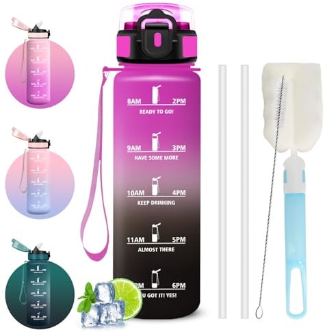 Mujigaga Borraccia 1 litro, Borraccia con Cannuccia, Senza Perdite, Water Bottle Motivazionale, Facile da Pulire, Bottiglia con Orari per Bere, Bottiglie Acqua, per Ciclismo, Sport, Bicicletta
