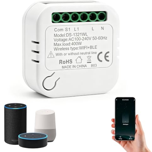 WiFi Interruptor Módulo Sin Neutro,Inteligente Interruptor, Smart Switch | Inteligente Luz Interruptor Sin Neutro Compatible con Alexa & Google Assistant, Mini Smart Switch WIFI con Tuya y Smart Life