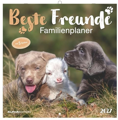 Familienplaner Beste Freunde 2027: Wandkalender 30x30 cm mit 4 Spalten & 12 Tierfreundschaft-Motiven, für Termine, Organisation & Tierliebhaber