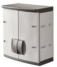 Rubbermaid Wall Mounted Storage Cabinet with Doors 150-Pound Capacity Gray Lockable Three-Shelf Cubbard for Tools/Car Accessories/Cleaning in Home/Garage/Outdoor Areas