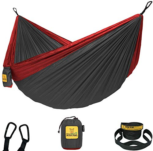 Wise Owl Outfitters Hängematte - Outdoor Hängematte für 1 Person- Ultraleichte Reisehängematte - Belastbar bis 180 kg - Camping Zubehör - Inkl. Aufhängung u. Karabiner (Anthrazit und Rot)